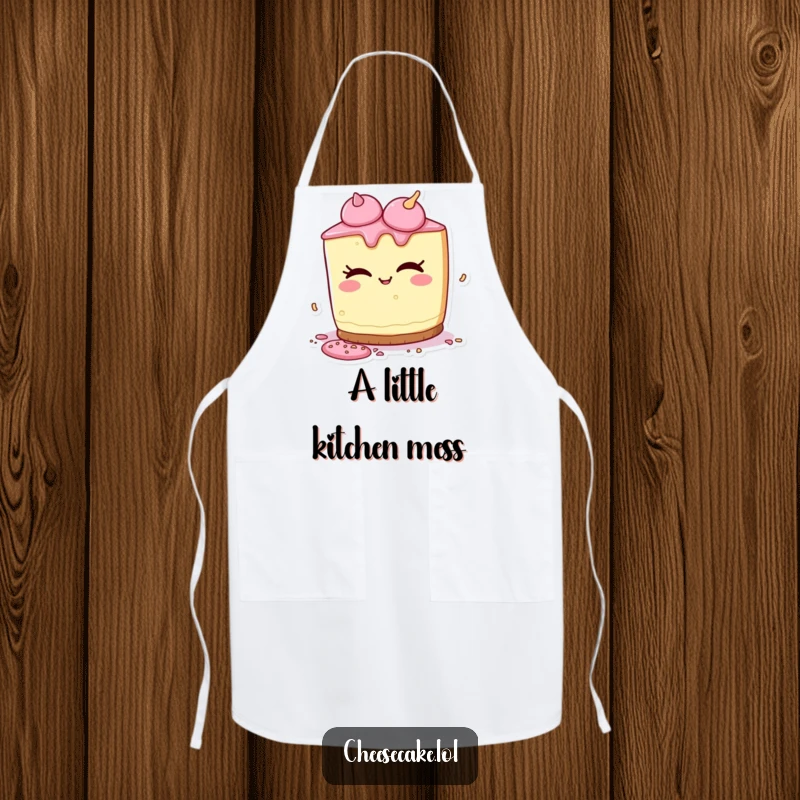 Funny apron showcasing a cheesecake character playfully winking while spilling colorful sprinkles with a mischievous grin.
