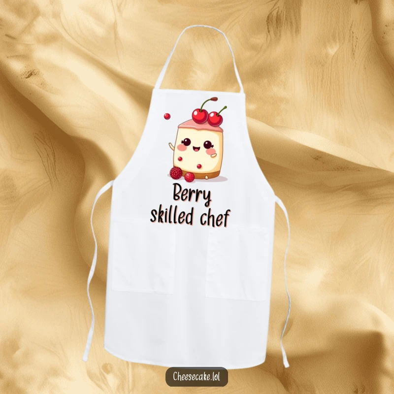 Funny cheesecake wearing a cherry tiara, juggling berries on a cooking apron, a perfect funny gift.