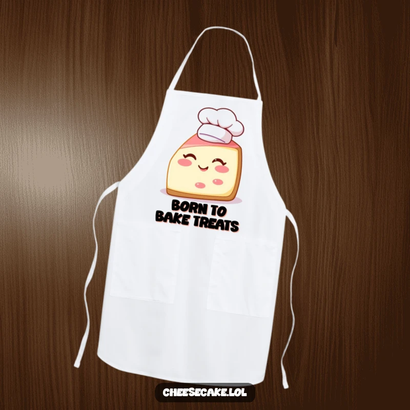 Funny apron with a cheerful cheesecake slice winking and wearing a chef hat, perfect for bakers and cooks.