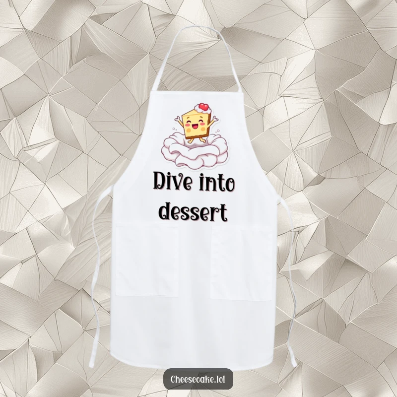 Funny apron with a cheesecake slice joyfully plunging into a pool of whipped cream during baking.