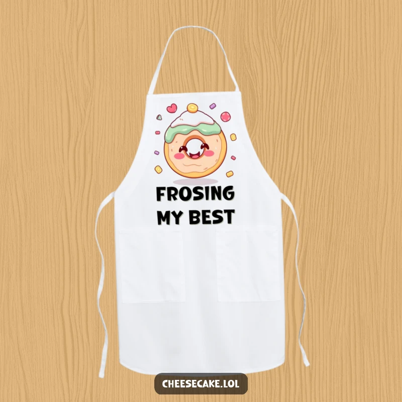 Funny donut apron showing a happy donut juggling candy, perfect for humorous kitchen activities and cooking protection.