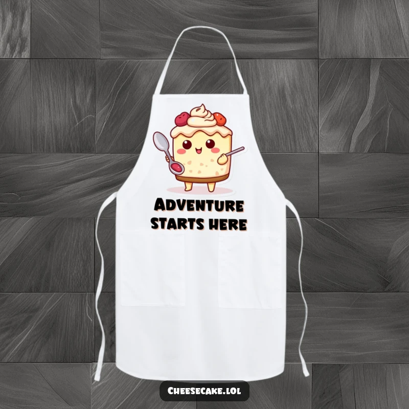 Funny Cheesecake Adventure Apron showcasing a cheesecake character with a spoon, ready for delicious culinary quests, perfect for an adventurous cook.