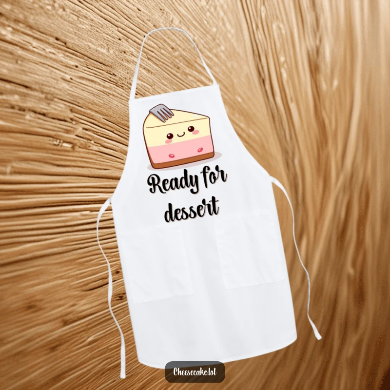 Funny cheesecake apron featuring a delighted slice with a fork, ready for humorous cooking and baking sessions.