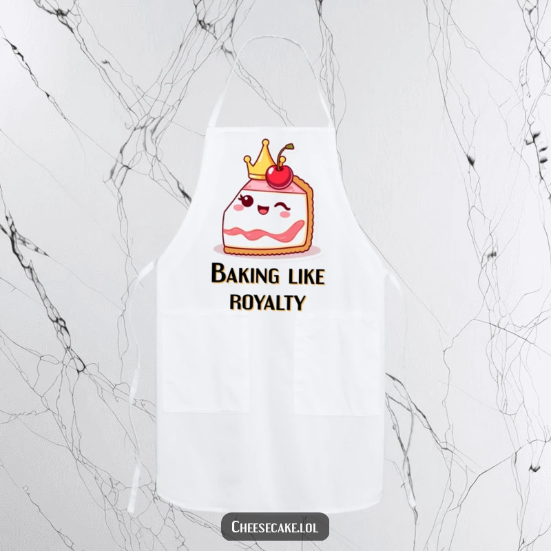 Funny cheesecake slice apron graphic, cute and crowned, winking with a cherry, ready for royal kitchen duties.
