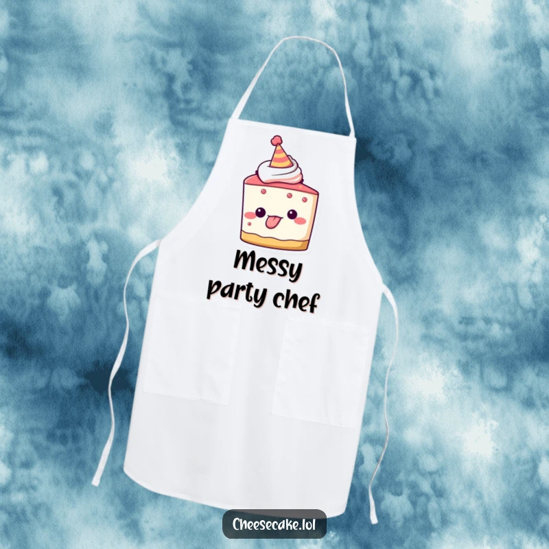Funny apron featuring a cheesecake character in a party hat, sticking its tongue out playfully, perfect for adding fun to cooking.