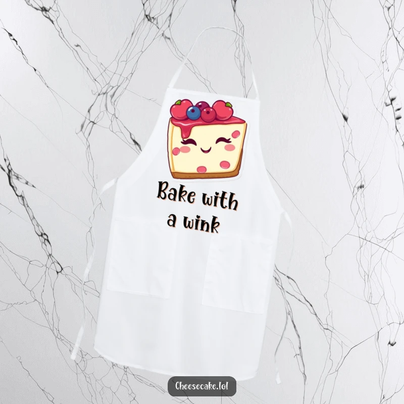 Funny apron featuring a winking slice of cheesecake with berries, perfect for adding a fun and sweet touch to baking.