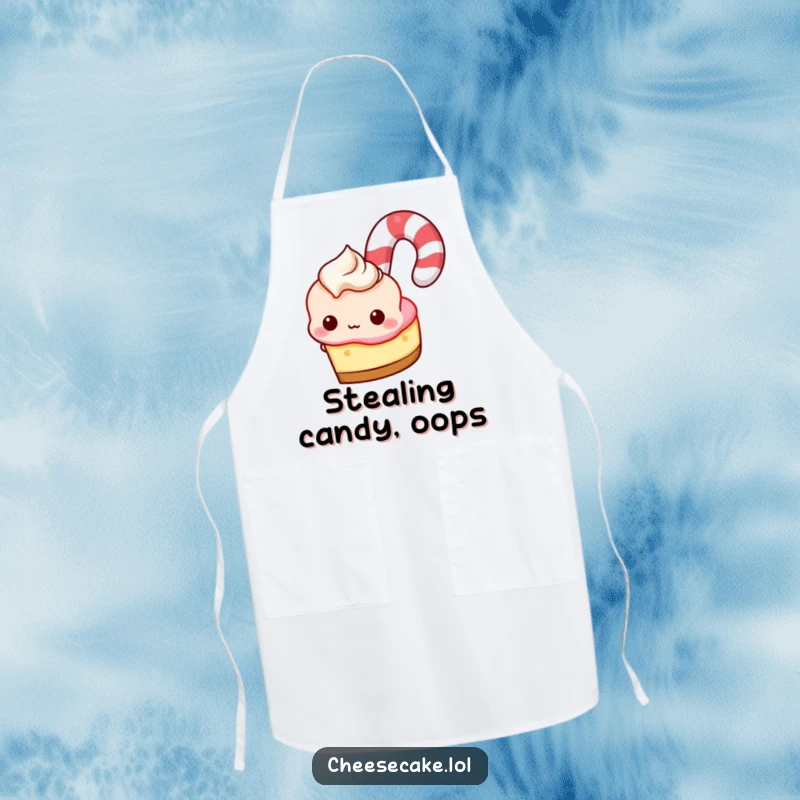 Funny Apron: Cheesecake peeking from behind a giant candy cane, a whimsical and practical kitchen accessory.