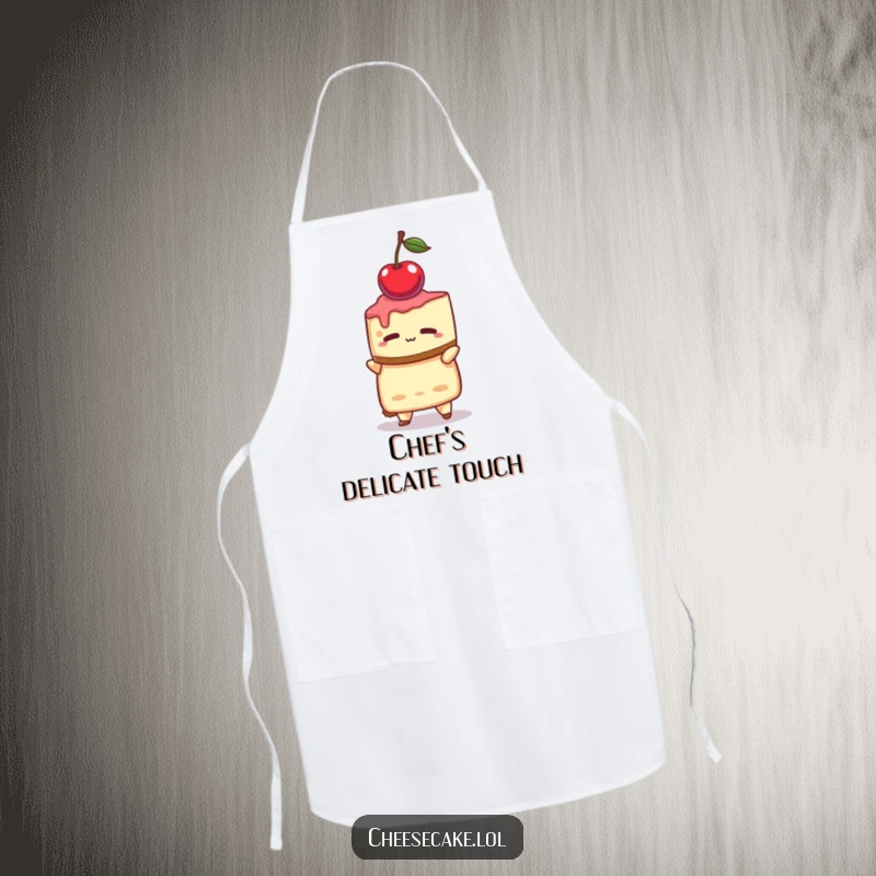 Funny apron showcasing a cheesecake character with intense concentration, balancing a single cherry on its head while baking.