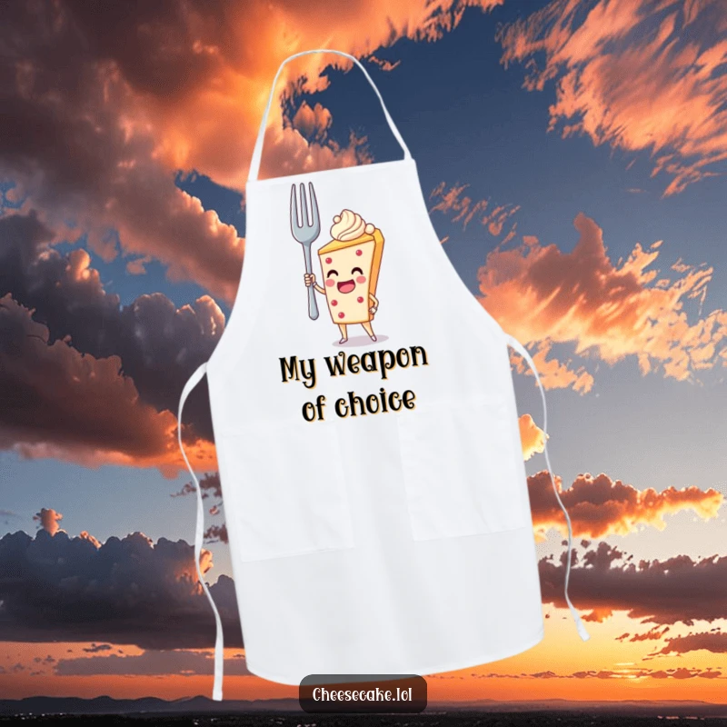 Funny Apron: A cheesecake heroically holds a giant fork, ready for culinary battles and laughs.