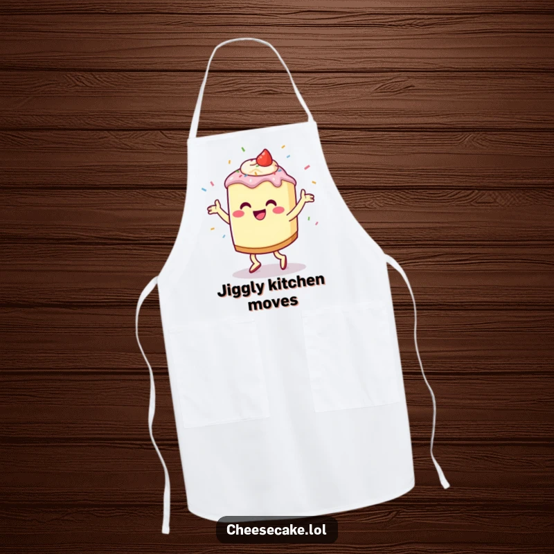 Funny Cheesecake Jig Apron showcasing a cheerful cheesecake character doing a jig with sprinkles flying, perfect for a fun cooking experience.