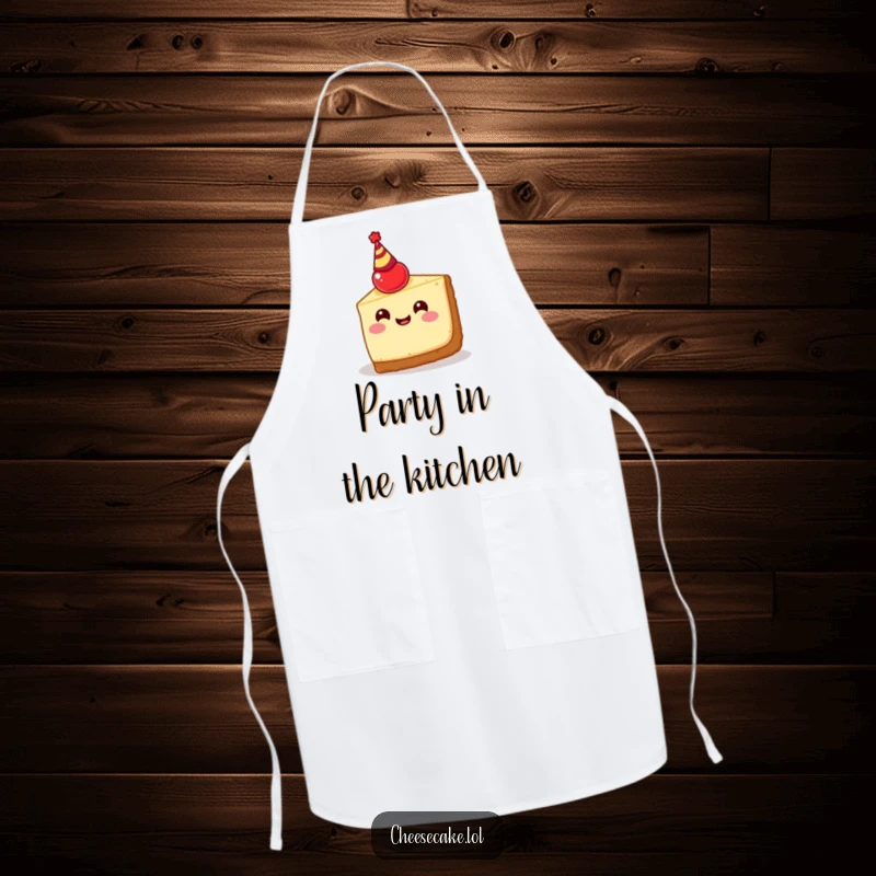 Funny cheesecake slice apron graphic, showing a happy dessert wearing a cherry party hat, ready to bring fun to the kitchen.