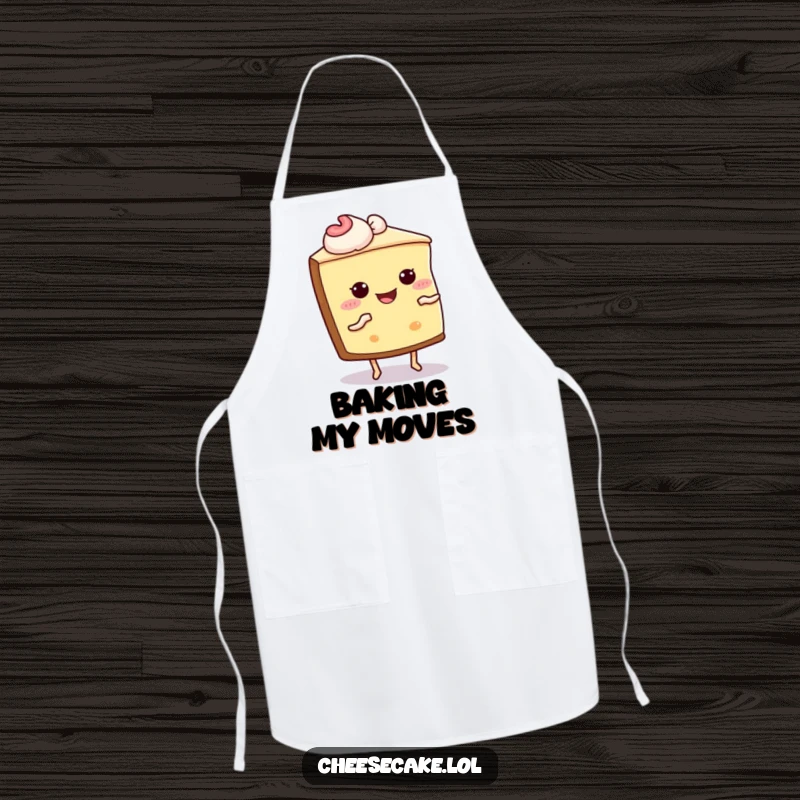 Funny Cheesecake Shimmy Apron: An apron depicting a cheesecake slice joyfully shimmying, perfect for bakers.