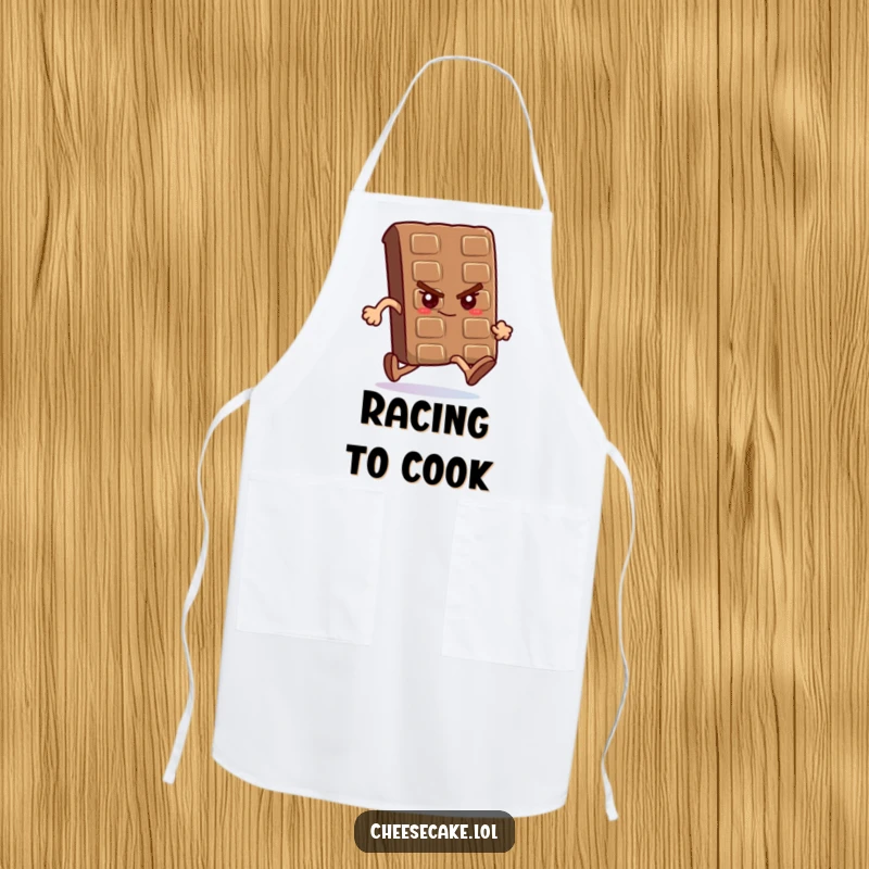 Funny apron with a determined chocolate bar running a race, perfect for kitchen endurance and motivation.