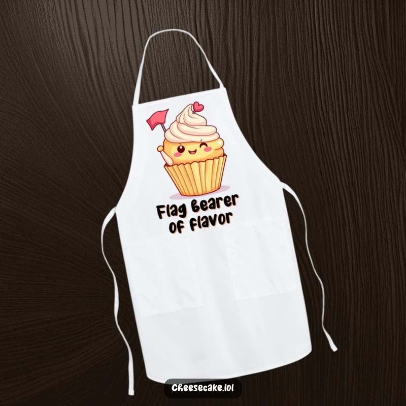 Funny delighted cupcake with frosting tipped, waving a tiny flag, a humorous and practical apron for bakers who love cupcakes.