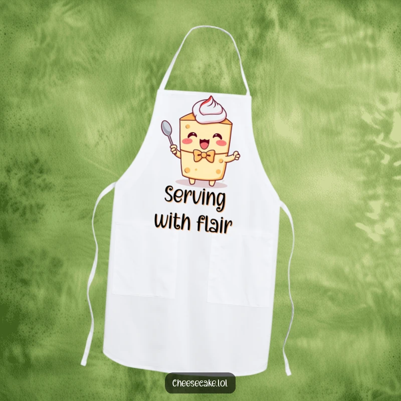 Funny apron with a cheesecake character in a bow tie, excitedly holding a tiny spoon, ready to cook.
