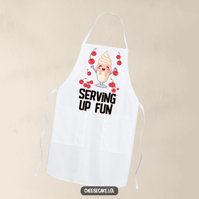 Funny Giggling Sundae Apron: A fun apron showcasing a giggling sundae character skillfully juggling bright red cherries.