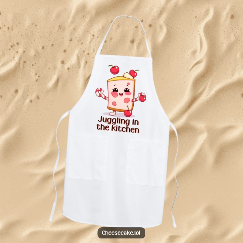Funny apron with a smiling cheesecake slice juggling cherries using candy cane arms, perfect for festive baking.