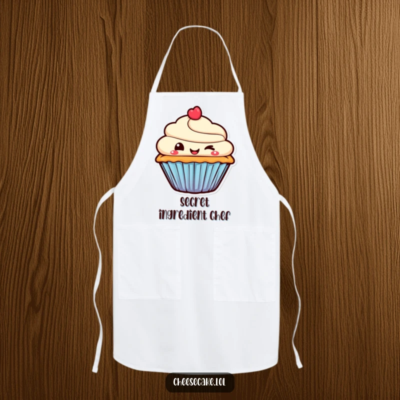 Funny Apron with a smiling cupcake character giving a mischievous wink, ideal for playful baking and adding charm.