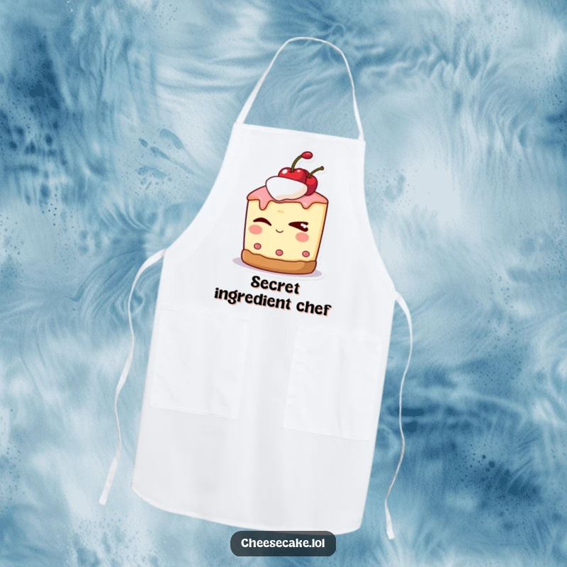 Funny apron with a cheesecake character wearing a cherry on top, winking slyly while preparing food.