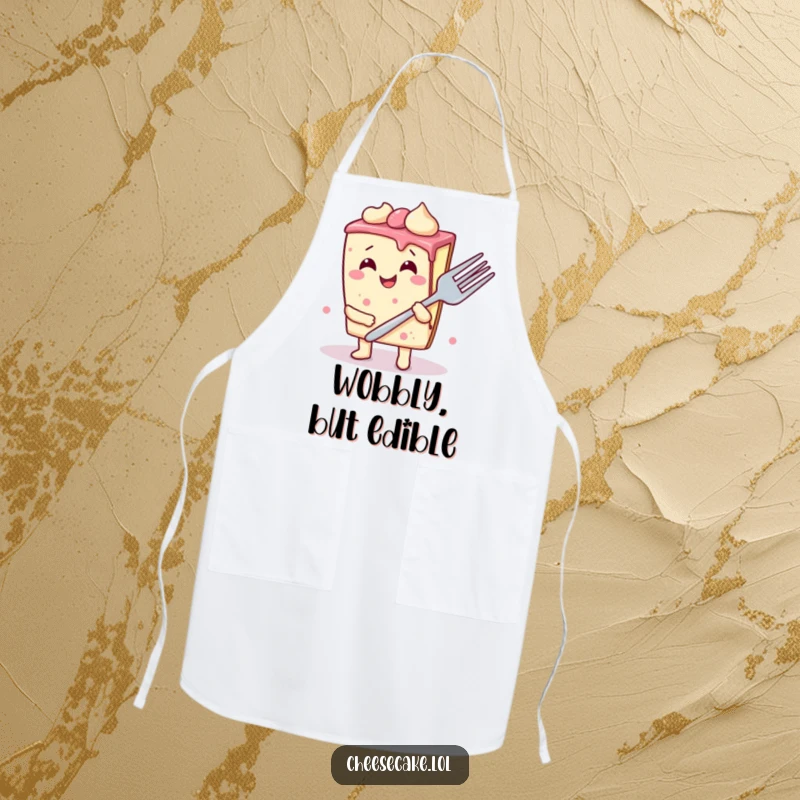 Funny cheesecake slice apron graphic, depicting a wobbly dessert gleefully giggling while holding a massive fork, ready for kitchen duty.