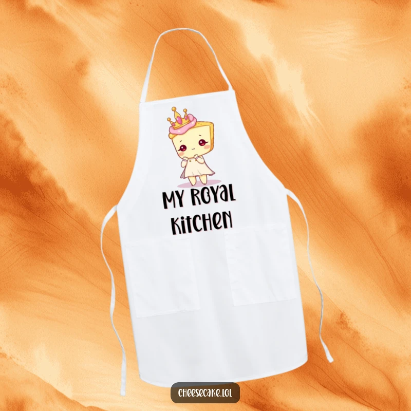 Funny apron with a cheesecake character wearing a miniature crown, posing elegantly while baking.