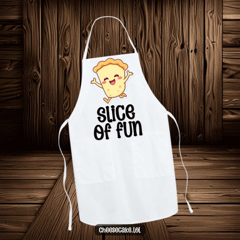 Funny smiling pie character joyfully leaping on an apron, ideal for bakers and chefs.