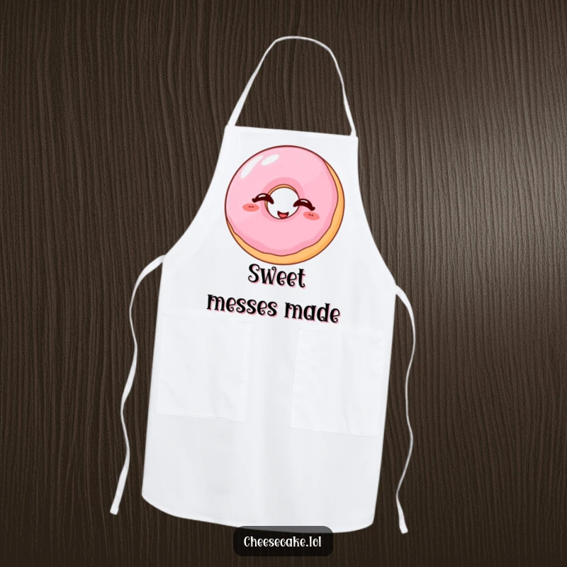 Funny donut apron showing a wobbly jelly donut with eyes closed, giggling uncontrollably while baking.