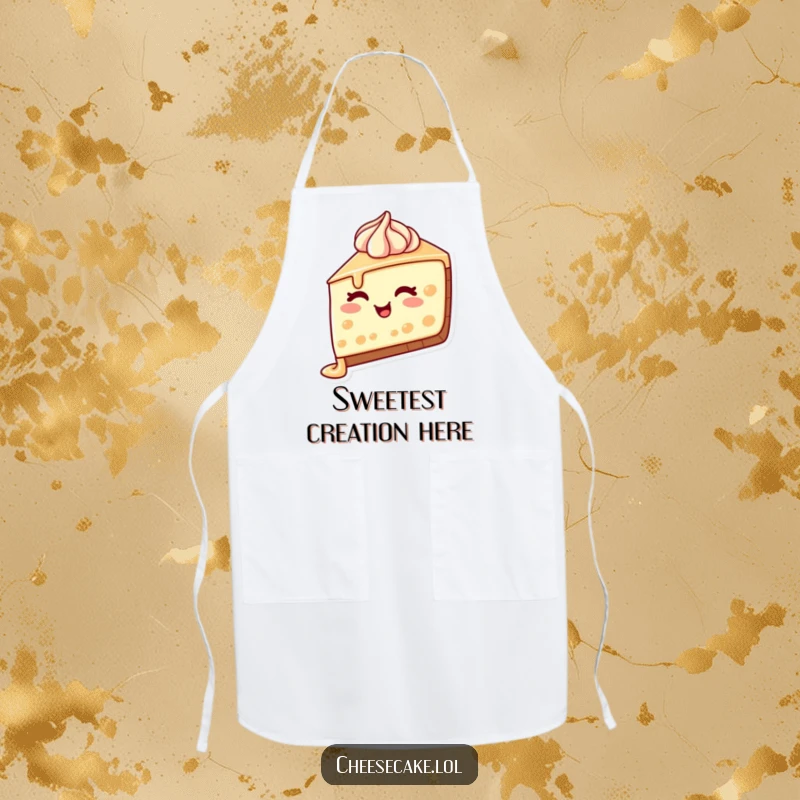 Funny Cheesecake Wink Apron displaying a cheesecake slice with frosting dripping and a charming wink, ideal for a playful cooking experience.