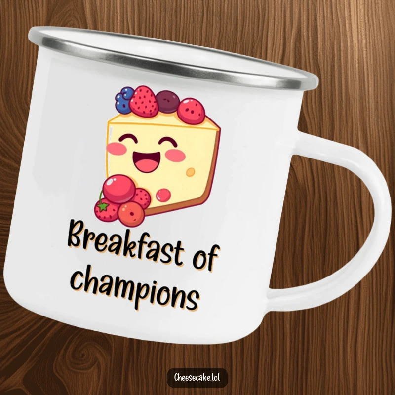 Funny cheesecake camping mug with a giggling, berry-stuffed cheesecake slice. Outdoor humor.