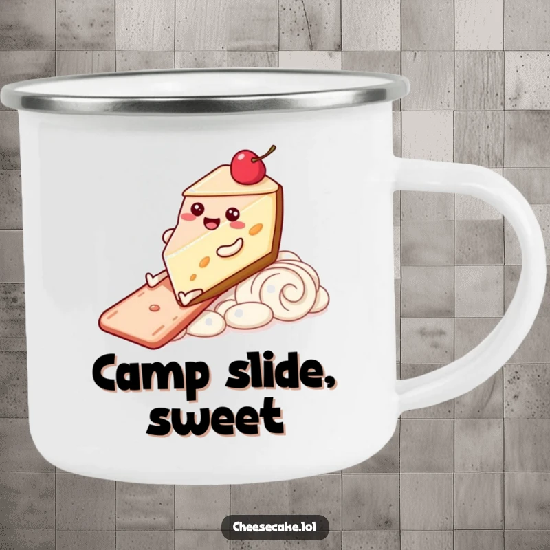 Funny Camping Mug with a happy cheesecake character with legs sliding down a frosting slide, perfect for enjoying beverages outdoors.