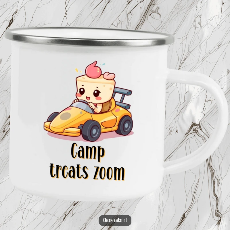 Funny Camping Mug: A cheesecake in a tiny race car speeds forward with determination. Durable and full of drive.