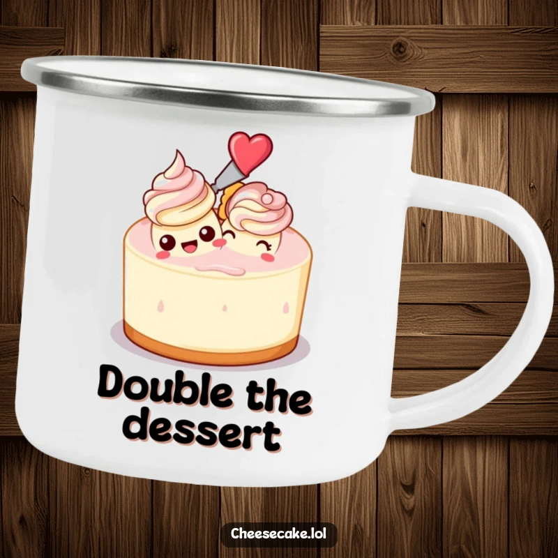 Funny camping mug showing a cheesecake frosting another cheesecake, perfect for enjoying beverages while embracing baking humor.