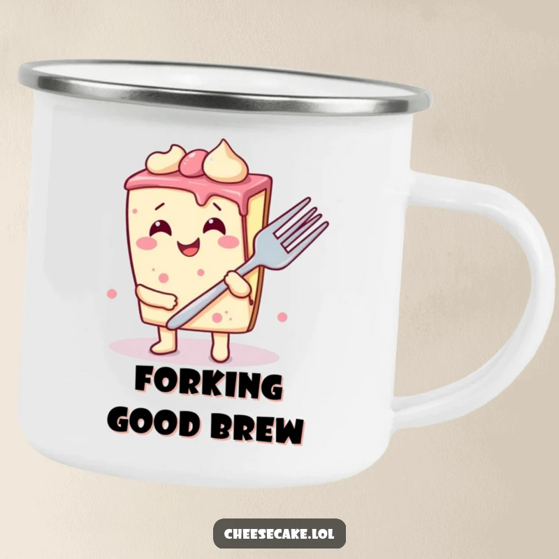 Funny cheesecake slice camping mug illustration, showing a wobbly dessert giggling around a campfire with a giant fork, perfect for outdoor laughs.