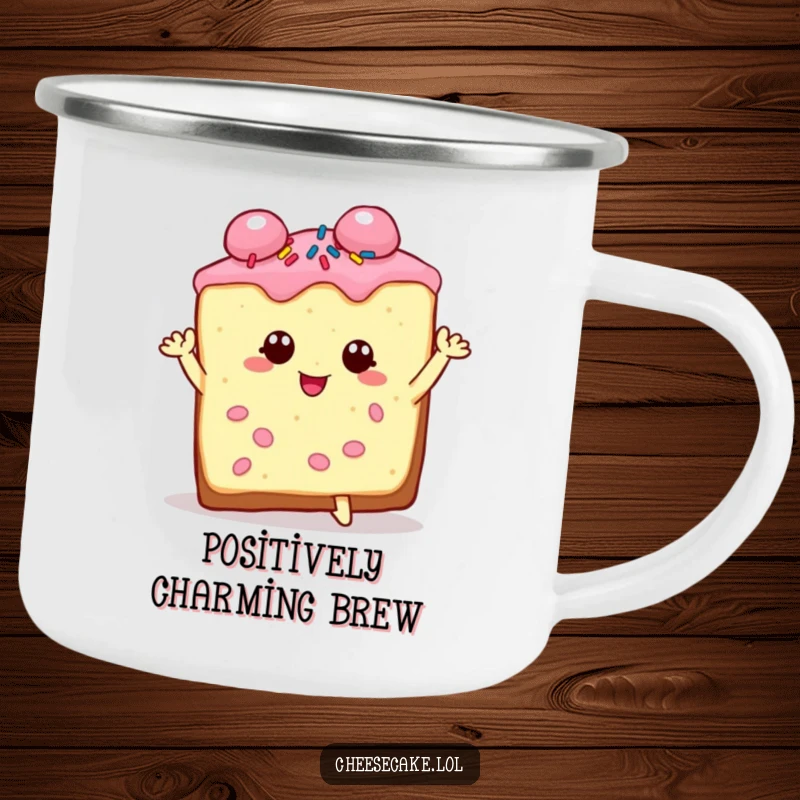 Funny cheesecake slice camping mug illustration, charming and sprinkled, striking a dramatic pose, perfect for outdoor flair.