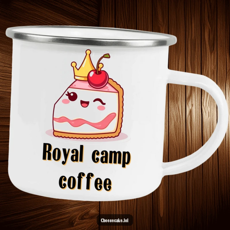 Funny cheesecake slice camping mug illustration, cute and crowned, winking with a cherry, perfect for royal outdoor moments.