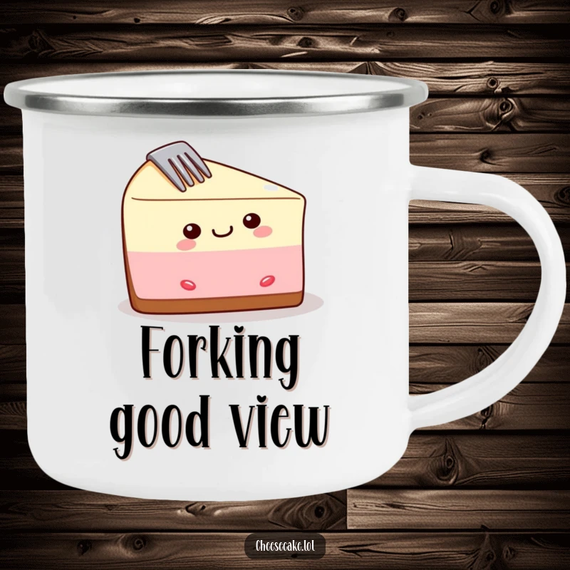 Funny cheesecake camping mug showing a delighted slice with a fork, ideal for humorous outdoor adventures and beverages.