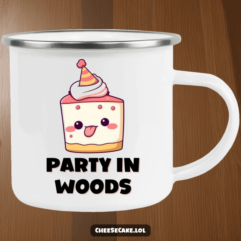 Funny camping mug featuring a cheesecake character in a party hat, sticking its tongue out playfully, ideal for outdoor fun.