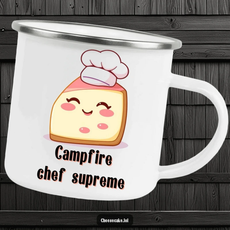 Funny camping mug with a winking cheesecake slice wearing a chef hat, perfect for outdoor fun and treats.