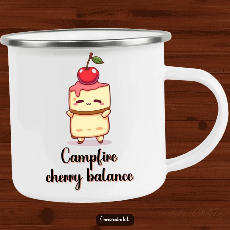 Funny camping mug with a cheesecake character intensely focused on balancing a single cherry, perfect for outdoor treats.