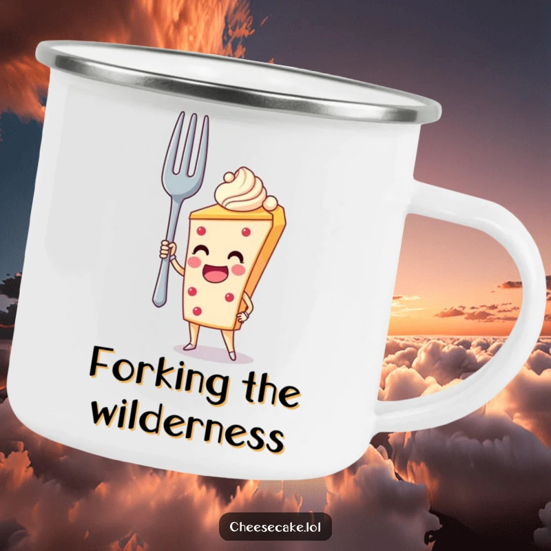Funny Camping Mug: A cheesecake heroically holds a giant fork, ready for outdoor adventures and laughs.