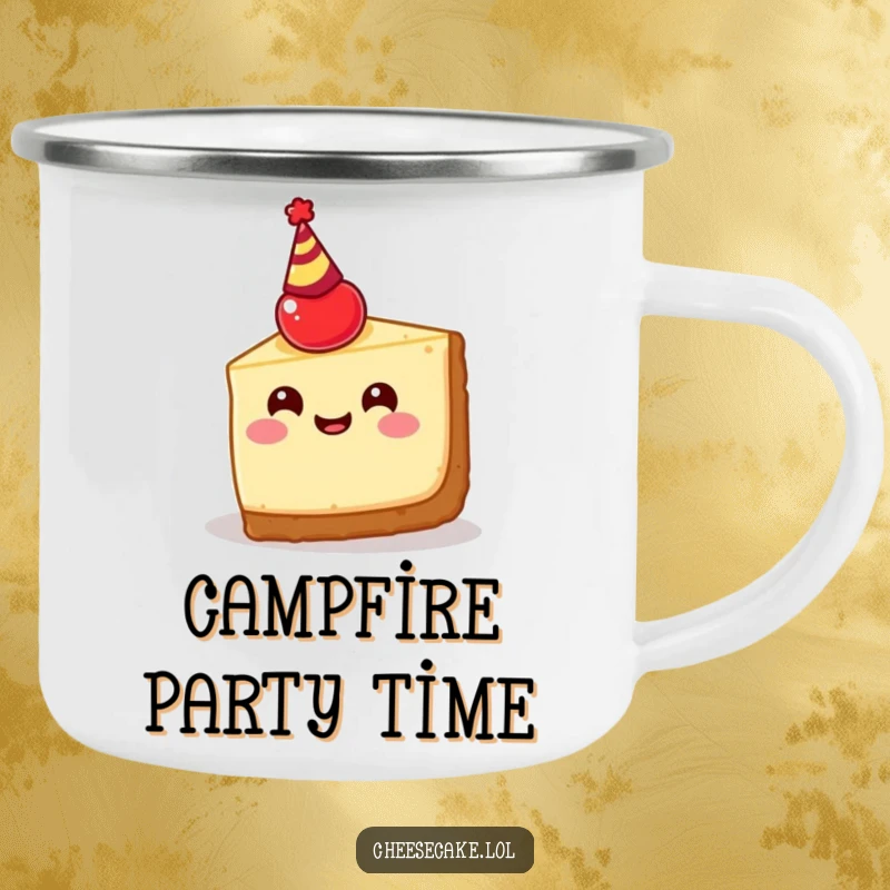 Funny cheesecake slice camping mug illustration, depicting a happy dessert with a cherry party hat, ready for outdoor celebrations.