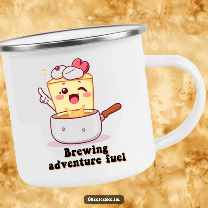 Funny Camping Mug: A cheesecake excitedly points at a bubbling pot, ready for campfire feasts and smiles.