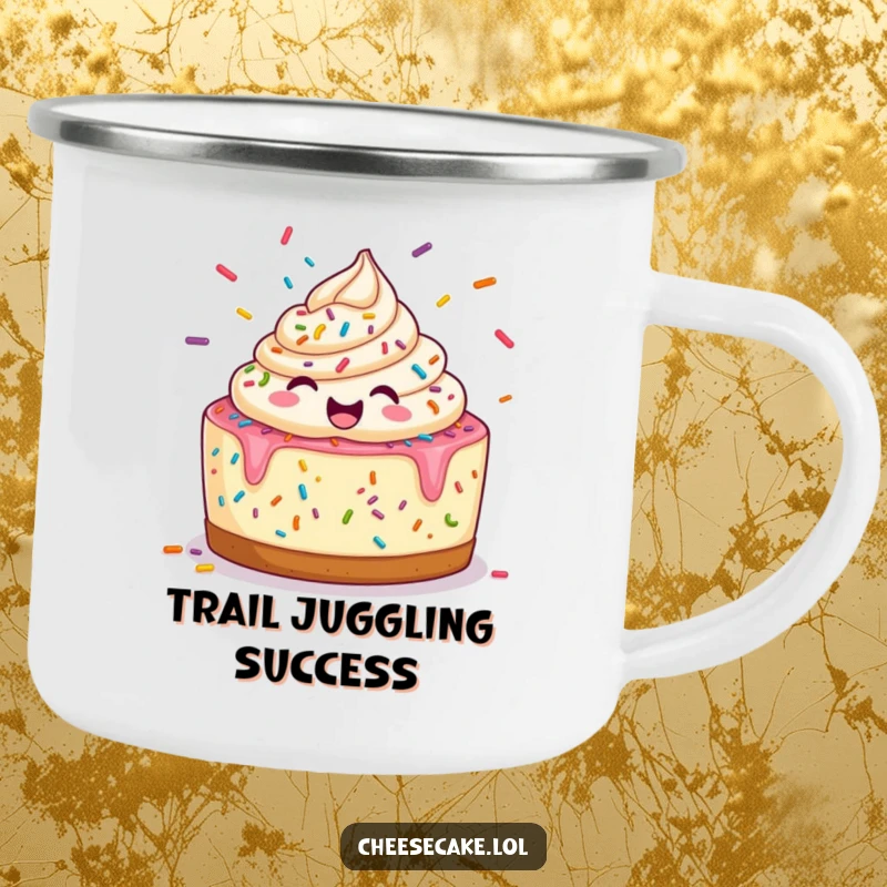 Funny Camping Mug: A happy cheesecake juggles colorful sprinkles, ready for campfire fun and smiles.