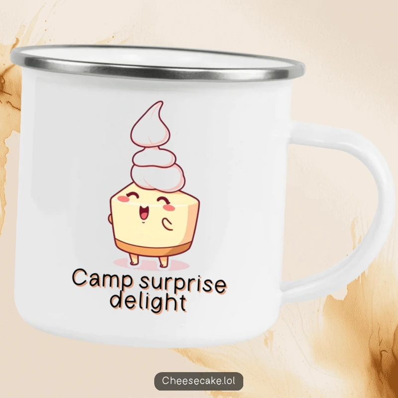 Funny cheesecake camping mug showing an ecstatic cheesecake character receiving whipped cream, for outdoor lovers who enjoy a sweet treat.