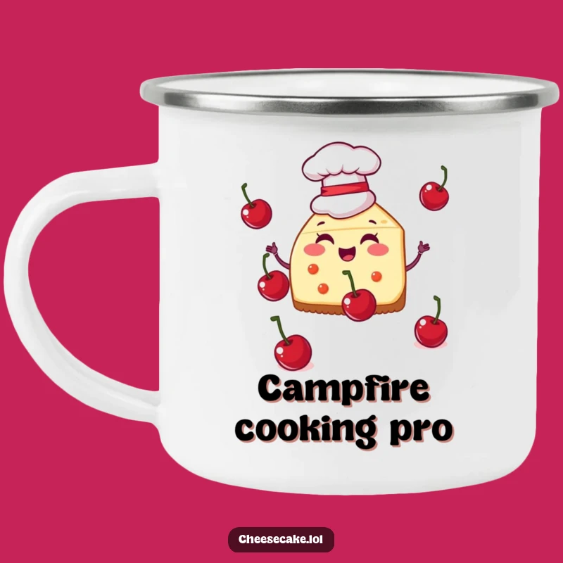 Funny Chef Cheesecake Camping Mug, Juggling Cherry Outdoor Cup, Hilarious Gift for Culinary Campers