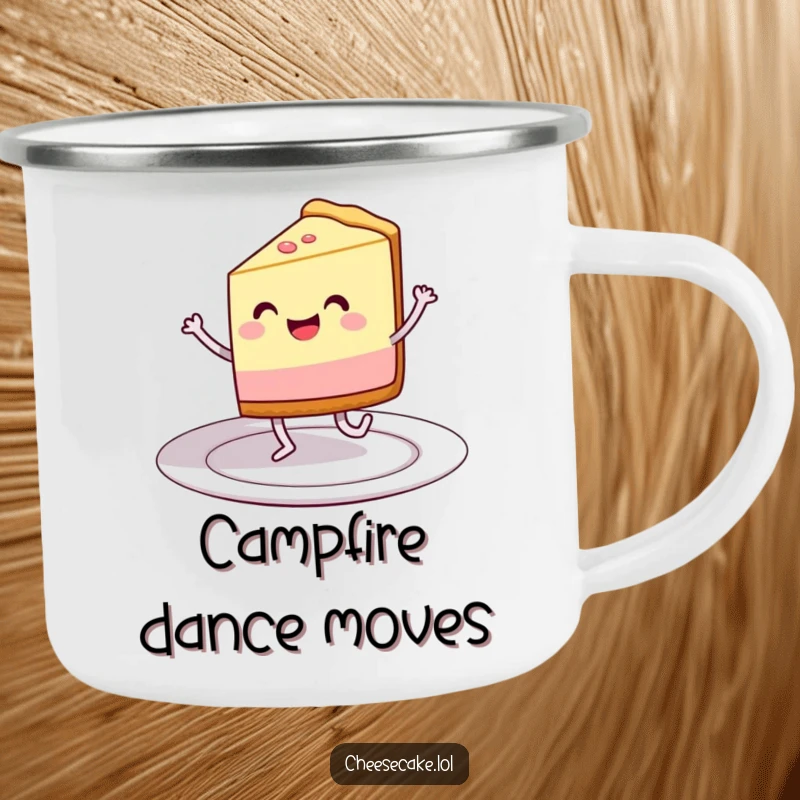 Funny camping mug with a grinning cheesecake slice dancing on a plate, perfect for outdoor fun and treats.