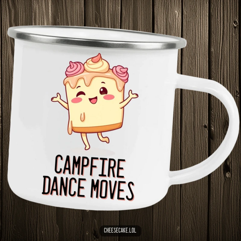 Funny cheesecake dancing camping mug showcasing a cheesecake with frosting drips, performing a silly dance outdoors.