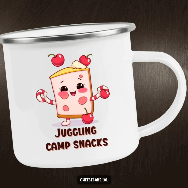 Funny camping mug with a smiling cheesecake slice juggling cherries using candy cane arms, perfect for festive outdoor fun.