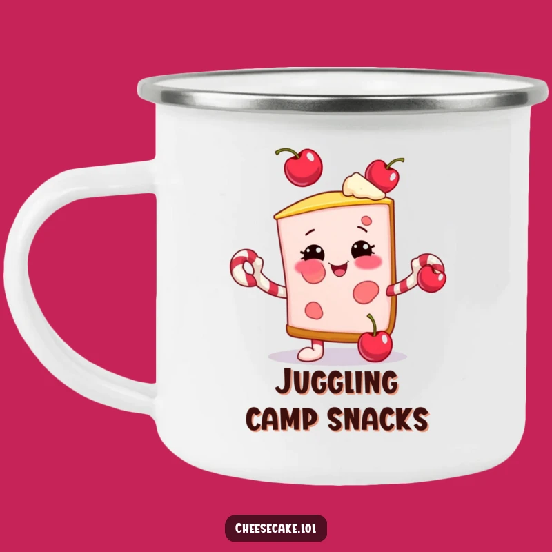 Funny Juggling Cheesecake Camping Mug: Festive Sips for Your Adventures