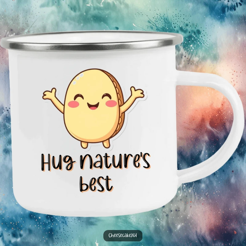 Funny macaron camping mug with a smiling macaron offering a humorous hug, ideal for enjoying beverages during outdoor adventures.